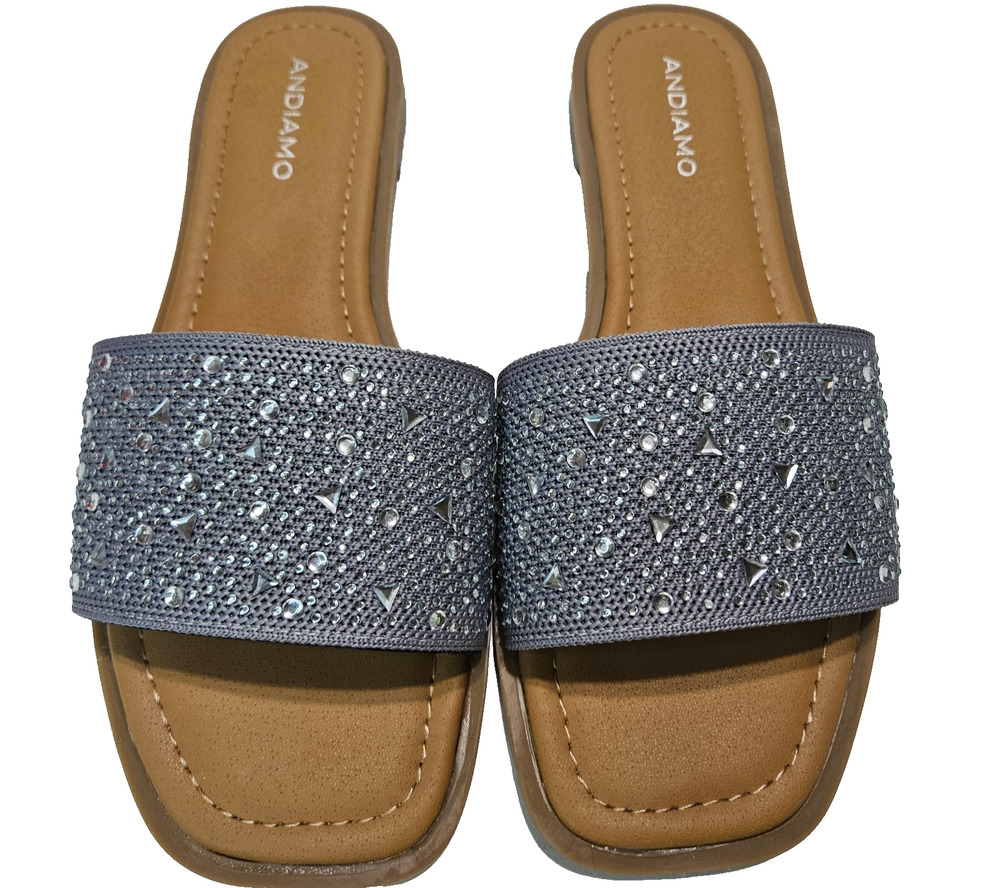 Andiamo Graceland Slides Sandals Womens Size 9W Gray Tan Rhinestone Slip On